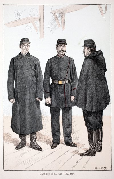 A béke őrzői (1873-1894). Színes rézkarc, illusztrációként „” A békefenntartók hadtestének története”” című könyv Louis Lepine (1846-1933) Szajna menti rendőrprefektus gondozásában jelent meg Alfred Rey (1864-?) és Louis Feron gondozásában. alkotó: Unknown artist