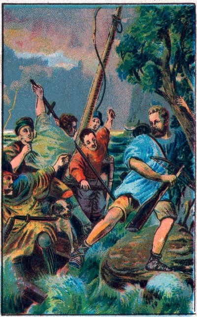 Guillaume Tell (William Tell) (a svájci függetlenség legendás hőse) megszökik Gessler csónakjából. A 19. század végének kromolitográfiája. alkotó: Unknown artist