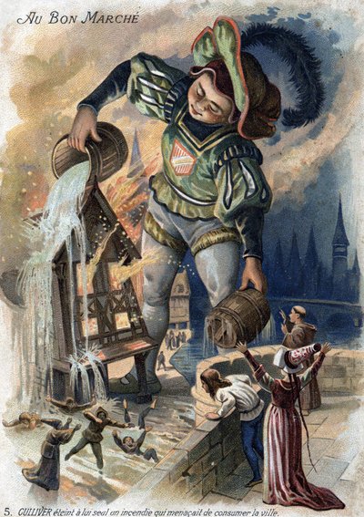 Jonathan Swift Gulliver utazásai.Gulliver egyedül gyújtott tüzet, amely a város elemésztésével fenyegetett Lilliputban. Kromolitográfia 19. század. (olcsó). alkotó: Unknown artist