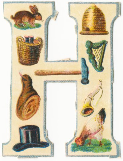 H: nyúl, kaptár, aratókosár, hárfa, kalapács, sonka, kürt, kalap, tyúk (színes litográfia) alkotó: Unknown artist