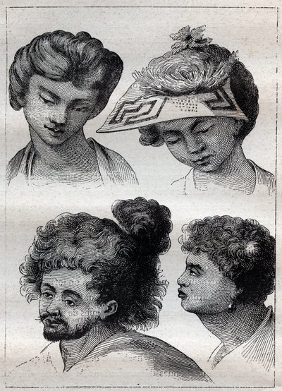 Taiti (Tahiti) lakosainak frizurái - illusztráció a „18. századi nagy tengerészek” című könyvből alkotó: Unknown artist