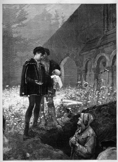 Hamlet a temetőben William Shakespeare névadója (1564-1616) után. Metszet a „” Le Monde Illustré”-ben alkotó: Unknown artist
