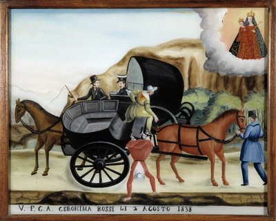 Függés két hintó között és egy utas elesése – Üvegre festett festmény, ex-voto Notre Dame de Laghet alkotó: Unknown artist