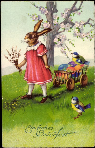 Boldog Húsvétot, Húsvéti nyuszi húzza a szekeret, húsvéti tojások, verebek alkotó: Unknown Artist
