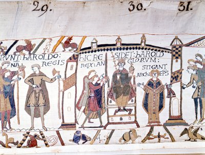 II. Haroldot (1022-1066) Hitvalló Edward halálakor kiáltották ki királlyá 1066-ban, de hamarosan meghalt a hastingsi csatában. Bayeux gobelin vagy Mathilde királynő hímzése alkotó: Unknown artist