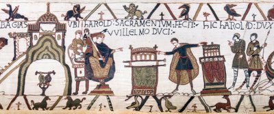 Harold szent esküt tesz Williamnek Bayeux-ban, Bayeux Gobelin (gyapjú hímzés vászonra) alkotó: Unknown artist