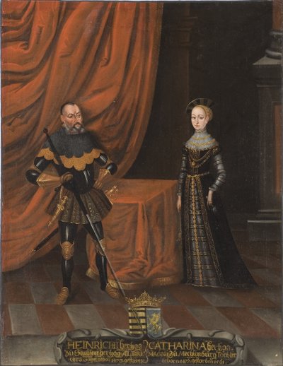Henri IV de Saxe, dit le Pieux et Catherine de Mecklembourg – Jámbor Henrik herceg (1473-1541) és Katalin mecklenburgi hercegnő (1487-1561), névtelen. Olajfestmény. Mérete: 101,5x79 cm. Nemzeti Múzeum Stockholm alkotó: Unknown artist