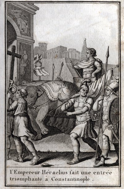 I. Hérakleiosz (Flavius Heraclius, Herakleios (körülbelül 575-610/641), bizánci császár) diadalmasan belépett Konstantinápolyba, felszállt egy szekérre, amelyet négy elefánt elért, és maga elé vitte a felvett Igaz Keresztet (Szent Keresztet). tól től alkotó: Unknown artist