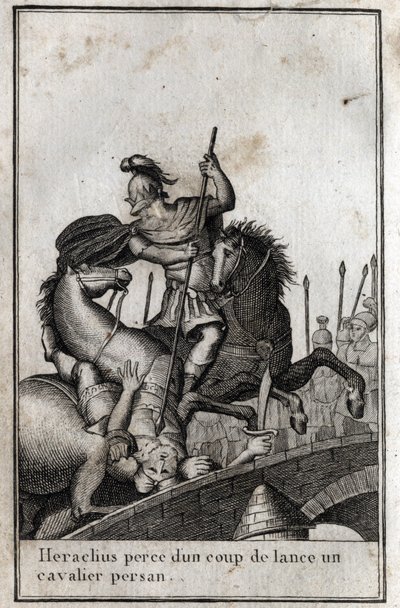 I. Hérakleiosz (Flavius Heraclius, Herakleios (körülbelül 575-610/641), bizánci császár, perzsa lovast lándzsázik (háború a perzsák ellen), 7. század. „Beaute de l