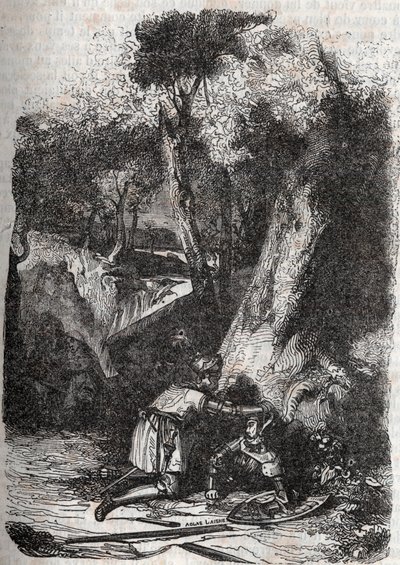Hermonidészt feldöntötte és megmentette Zerbin – 1851-es metszet a „Dühös Roland” (Orlando furioso) (16. század) írásból Ludovico Ariostotól, Ariosta néven ismert – Tressan gróf olasz nyelvről fordított kiadása, Gustave Harvard 1851. alkotó: Unknown artist