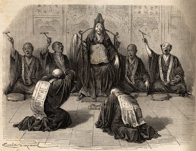 Buddhista főpapot imádják, körülvéve tanítványai, akik gonggal és cintányérokkal ritmizálják a rituálét. Aime Humbert, a Svájci Államszövetség miniszterének 1863–1864-es japán utazását illusztráló metszet a „Le tour du monde, nouveau Journal”-ban. alkotó: Unknown artist
