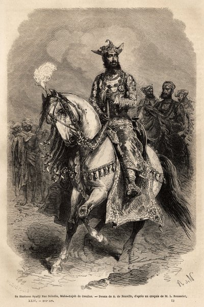 Őfelsége Syadji Rao Scindia (1846-1886), Gwalior maharadzsa (a mai Madhya Pradesh). Metszet a rádzsák Indiájának illusztrálására, Louis Rousselet 1864-1868-ban, megjelent a „Le tour du monde”” 1872-ben, szerkesztette Edouard Charton, Hachette edi alkotó: Unknown artist