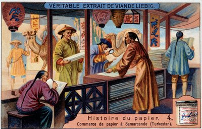 A papír története. 4. Papírkereskedelem Szamarkandban (= Szamarkand) (Turkesztán). Liebig kromolitográfia alkotó: Unknown artist