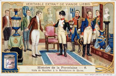 A porcelán története: Napóleon Bonaparte (1769-1821) látogatása a Sevres gyártásánál – Liebig kromolitográfia alkotó: Unknown artist