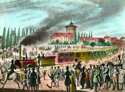 A tömegközlekedés története: vasút Párizs és Versailles között. századi metszet. Magángyűjtemény alkotó: Unknown artist