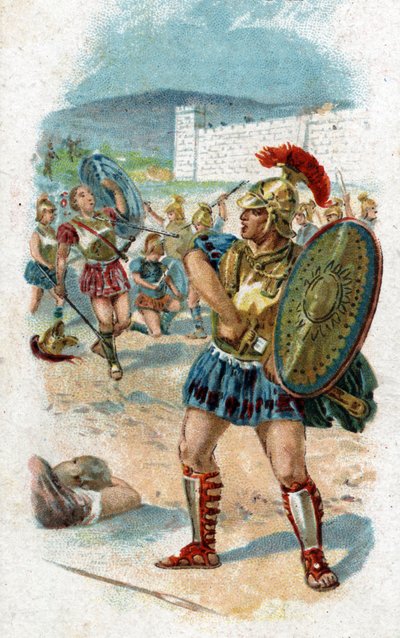 Akhilleusz, a trójai háború legendás hőse életének története: Patroklosz engedélyt kap Akhilleusztól, hogy fegyverei segítségével megmentse a görögöket. Hektor fogja megölni, aki zsákmányul veszi Akhilleusz fegyvereit. Kromolitográfia 1890. alkotó: Unknown artist
