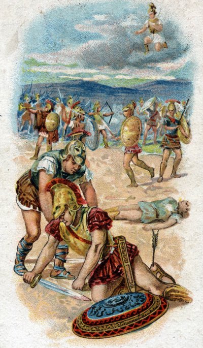 Akhilleusz, a trójai háború legendás hőse életének története: Akhilleusz halála, Trója falainak tövében, a sarka, gyenge pontja, átüt egy Párizs által kihúzott nyílvesszőt. Kromolitográfia 1890. alkotó: Unknown artist