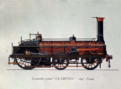 Közlekedéstörténet: mozdonymodell, Crampton rendszer Thomas Russell Crampton (1816-1888) brit mérnök nevéhez fűződik: nagysebességű mozdonyt alkotott. Metszet 1849 Párizsból, Dekoratív művészet alkotó: Unknown artist