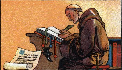 Az írás története: egy másoló szerzetes kéziratokat másol a középkorban, 20. század eleje (chromo) alkotó: Unknown Artist