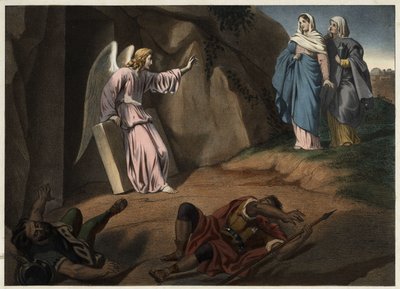 Szent nők látogatják Krisztust a sírnál. századi névtelen metszet. alkotó: Unknown artist