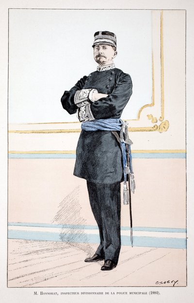 Honorat, a városi rendőrség osztályfelügyelője (1884). Színes rézkarc, illusztrációként: Alfred Rey Louis Lepine (1846-1933) Szajna menti rendõrség prefektusa gondozásában megjelent „” A békefenntartók hadtestének története”” könyv. alkotó: Unknown artist