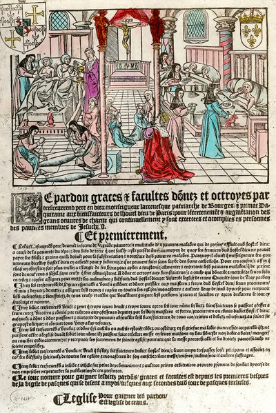 Kórház a 16. században: Kényeztető levél (jobbra: kórházi jelenet. Agauche: haldoklik és meghaltak). századi metszet. Magángyűjtemény. alkotó: Unknown artist