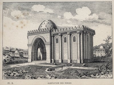 Housing Persians – 1889-es metszet az „Emberi lakhatás története az 1889-es egyetemes kiállításon, Charles GARNIER úr – Librairie centrale des beaux-arts Paris 1889” c. alkotó: Unknown artist