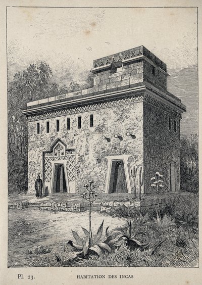 Az inkák lakóhelye – 1889-es metszet az „Emberi lakhatás története az 1889-es egyetemes kiállításon, Charles GARNIER úr – Librairie centrale des beaux-arts Paris 1889” c. alkotó: Unknown artist