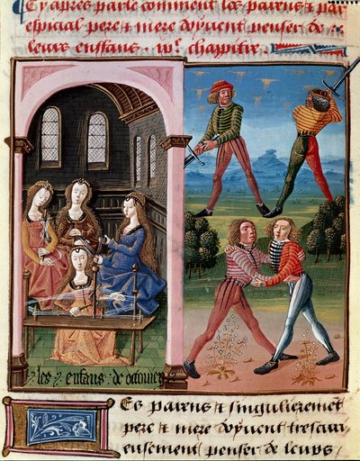 Hogyan gondoljanak a szülők gyermekeikre; Octavianus gyermekei lovagiasságot és gyapjúmunkát tanulnak”” Miniatűr a „” Le livre de bonnes moreurs de Jacques Legrand”-ból”” alkotó: Unknown artist