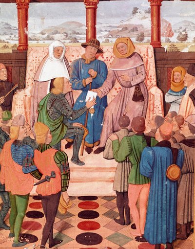 Százéves háború: „” VII. Károly (1403-1461) egy dokumentumot mutat be Joan of Arcnak (1412-1431)”” Miniatűr V. Bueil János (1406-1477) „” Le Jouvencel”” kéziratából, társ Jeanne d