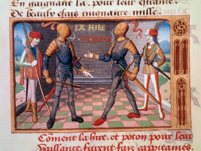 Százéves háború: „Etienne de Vignoles vagy Vignolles dit La Hire (Lahire) (1390-1443) és Jean Poton, Xaintrailles (vagy Saintrailles) ura (v. 1400-1461), Joan of Arc társa, kapitányok ”” Megvilágított miniatűr a kéziratból „” Vig alkotó: Unknown artist