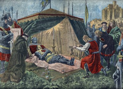 Százéves háború: "La mort de Bernard du Guesclin (1320-1380) devant Chateauneuf de Randon le 13/07/1380" - Duguesclin halála (Chateauneuf-de-Randon ostroma során 1380. július 13-án) - Illutration from "Le pelerin" 7 august 1921 Private alkotó: Unknown Artist