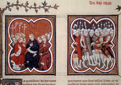 Százéves háború: „Bal oldalon a leendő delfin, a bölcs V. Károly (1338-1380) (akkor régens) és az általános államok tanácsosai elrendelték apja, II. János felszabadítását az 1356-os poitiers-i csata után. körülvette Etien alkotó: Unknown artist