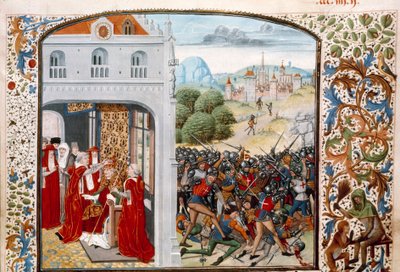 Százéves háború: „” XI. Gergely pápa (1329-1378) megkoronázta Avignont 1370-ben. Pontvallaini csata francia és angol között 1370. 04. 12-én”” Miniatűr a „Krónikákból”, Jean Froissart (1337-1400) 15. századi Párizs. B.N. alkotó: Unknown artist