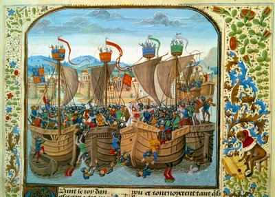 Százéves háború: „” A tengeri csata az Ecluse-ben, Sluisban (Hollandia) 1340. június 20-án, amely a francia Philippe VI of Valois és III. Edward angoljaival szembesült”” Miniatűr a „Krónikák”-ból, Jean Froissart (1337-1400) 15. század. Párizs. B.N alkotó: Unknown artist