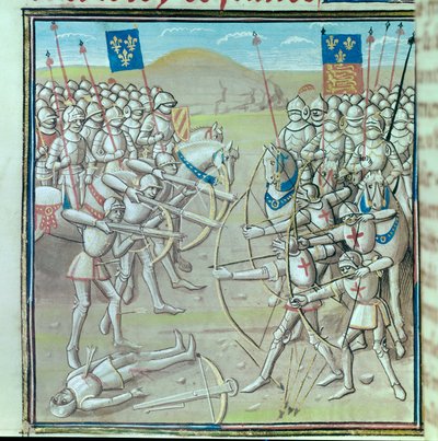 Százéves háború: a crecy-i csata 1346.08.26-án a franciák és az angolok között. Miniatűr egy 14. századi kéziratból, Párizs, Bibliotheque de l