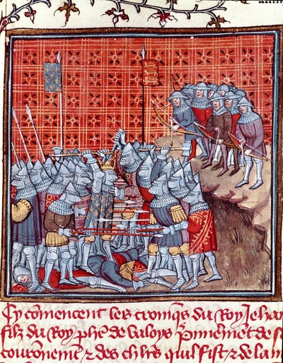 Százéves háború: „” Jó János francia király (1319-1364) csata közben””” Miniatűr a Les grandes Chronicles de France-ból”” Jean Froissart (1337-1400) 14. századi Chantilly , Musee Conde alkotó: Unknown artist