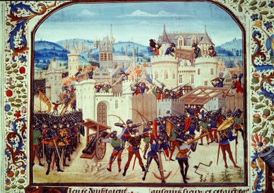 Százéves háború: Jean de Hainaut gróf 1340-ben a picardiai Aubenton város táskája. Miniatűr Jean Froissart (1337-1400) Párizs „Krónikáiból”. B.N. alkotó: Unknown artist