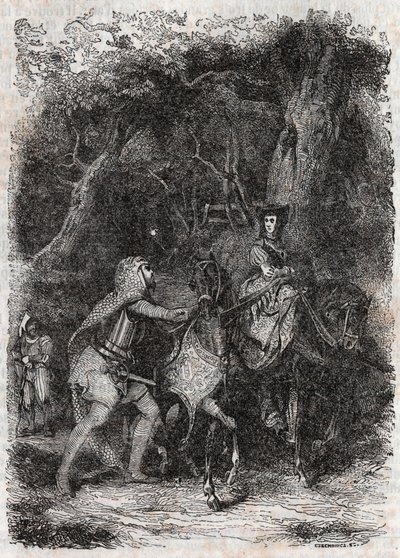Hypalcát Rodomont letartóztatta – 1851-es metszet a „Dühös Roland” (Orlando furioso) (16. század) írásából, Ludovico Ariostotól, Ariosto néven ismert – Tressan gróf olasz nyelvről fordított kiadása, Gustave Harvard 1851. alkotó: Unknown artist