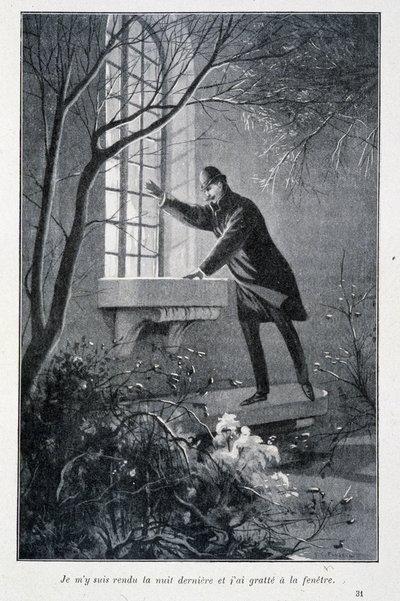 Tegnap este elmentem, és megkarcoltam az ablakot, amely illusztráció Conan Doyle „Sherlock Holmes főszereplései” című művében. SD. 1890 körül alkotó: Unknown artist