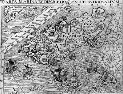 Izland, 1539 körül, Olaus Magnus (1490-1557) svéd érsek részlete a Carta kikötőből alkotó: Unknown artist