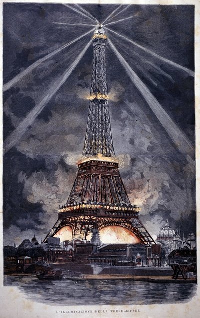 Az Eiffel-torony megvilágítása az 1889-es egyetemes kiállításon. alkotó: Unknown artist