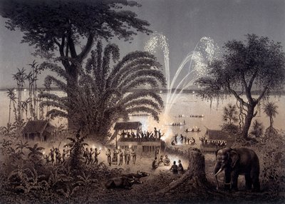 A folyó megvilágítása a Bassac fesztiválon, Sziámi Laoszban. F. Garnier irányítása alatt 1873-ban megjelent „” Az 1866-1868 közötti indokínai felfedezőút atlasza”. alkotó: Unknown artist