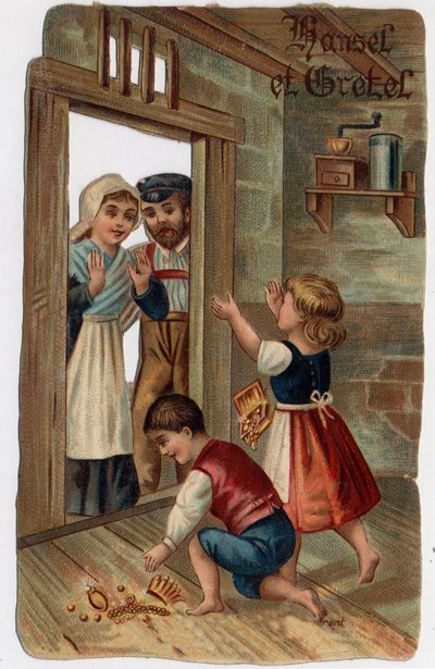 Illusztráció a Grimm testvérek „Jáncika és Juliska” meséjéhez: Hansel és Juliska visszatértek otthonaikba, átadták szüleiknek a náluk lévő ékszereket. A 19. század végének kromolitográfiája. alkotó: Unknown artist
