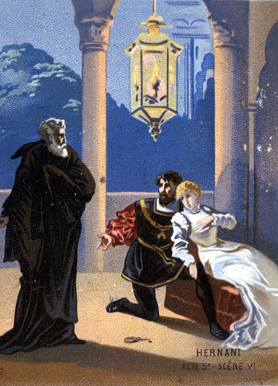 Az olasz zeneszerző, Giuseppe Verdi (1813 - 1901) „Ernani” illusztrációja, V. felvonás, 6. jelenet, 1844-ben Victor Hugo „Hernani” című tragédiája után készült opera. század végi kromolitográfia.. alkotó: Unknown artist