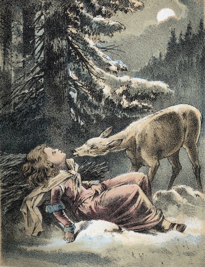 Illusztráció Franz Hoffmann „” Mesék és mesék – Von Weifsh¿ndchen und breitf¿fschen” című meséiből: egy hóban elájult lány és egy szarvas. századi kromolitográfiája. alkotó: Unknown artist