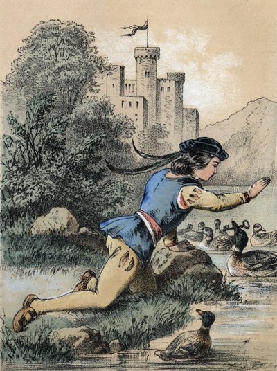 Illusztráció Franz Hoffmann „” Tales et Fables – Les 3 princes” meséiből: Egy herceg kulcsot kap egy kacsától. századi kromolitográfiája. alkotó: Unknown artist