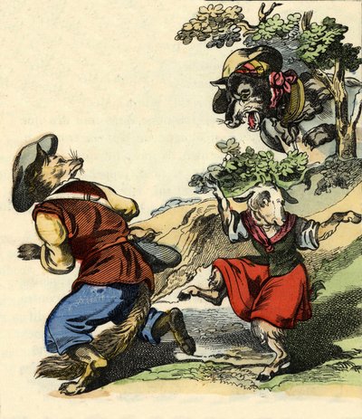 A „Bon medor és a kis Chevrette” című mese illusztrációja. A „” Mesék otthonról a kicsiknek” c. századi névtelen metszet. alkotó: Unknown artist