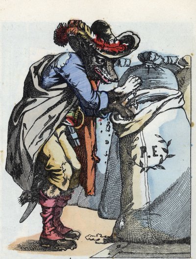 A „Compere le Loup, Maitre Renard, Comere la Chevre et ses petits biquets” című mese illusztrációja Jean de la Fontaine meséje után. A „” Mesék otthonról a kicsiknek” c. századi névtelen metszet. alkotó: Unknown artist