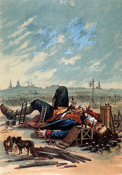 Illusztráció, amelyen a liliputiak Gullivert csatolják. Kromolitográfia, sd. 19. század vége. alkotó: Unknown artist
